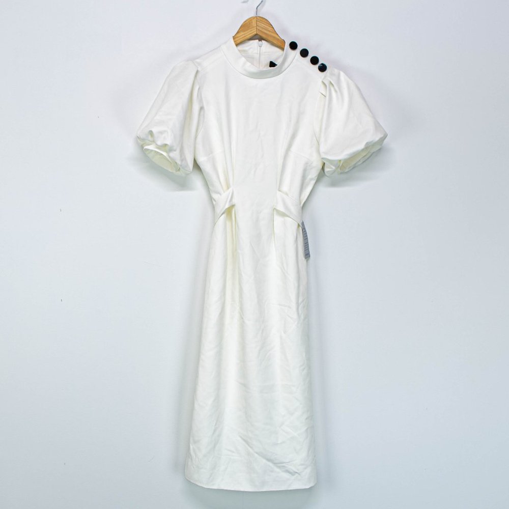 CAARA White Poof Sleeve Belted Midi Dress